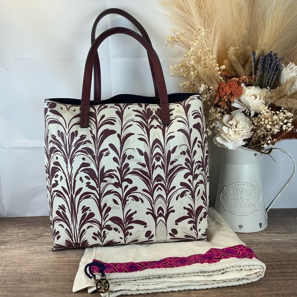 Tory Burch Kerrington Wonderland Burgundy Cream Tote Hand Shoulder Bag - Picture 9 of 17